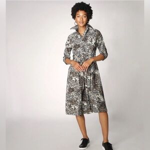 Brian Bailey Shirt Dress With Side Wrap XS tan brown collar animal print NWOT